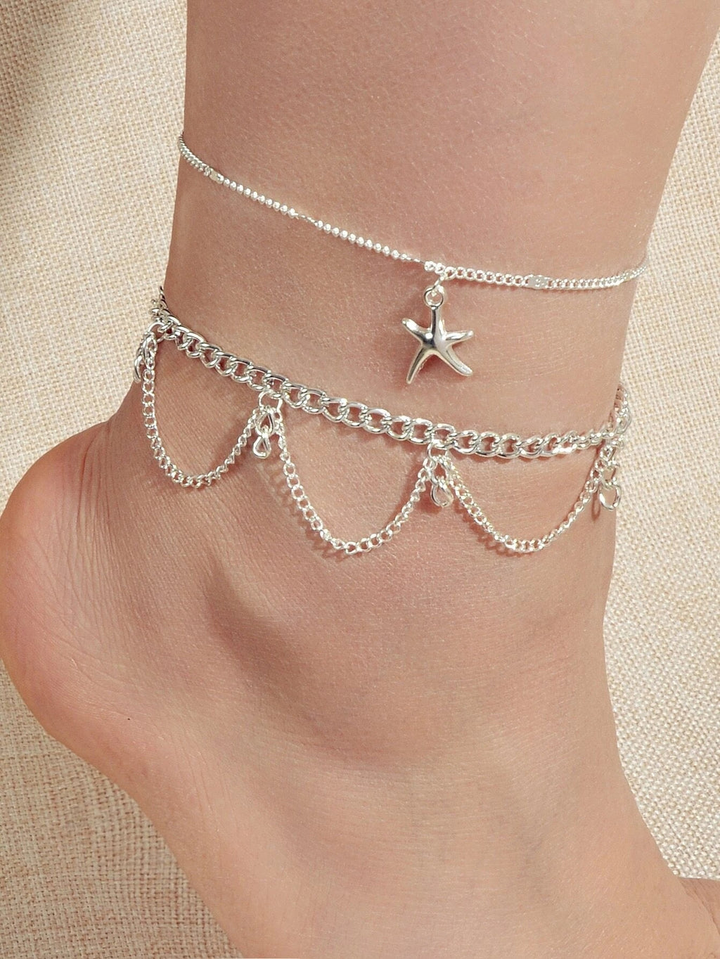 2pcs Fashion Foot Beach Jewellery Silver Chain Tassel Starfish Charm