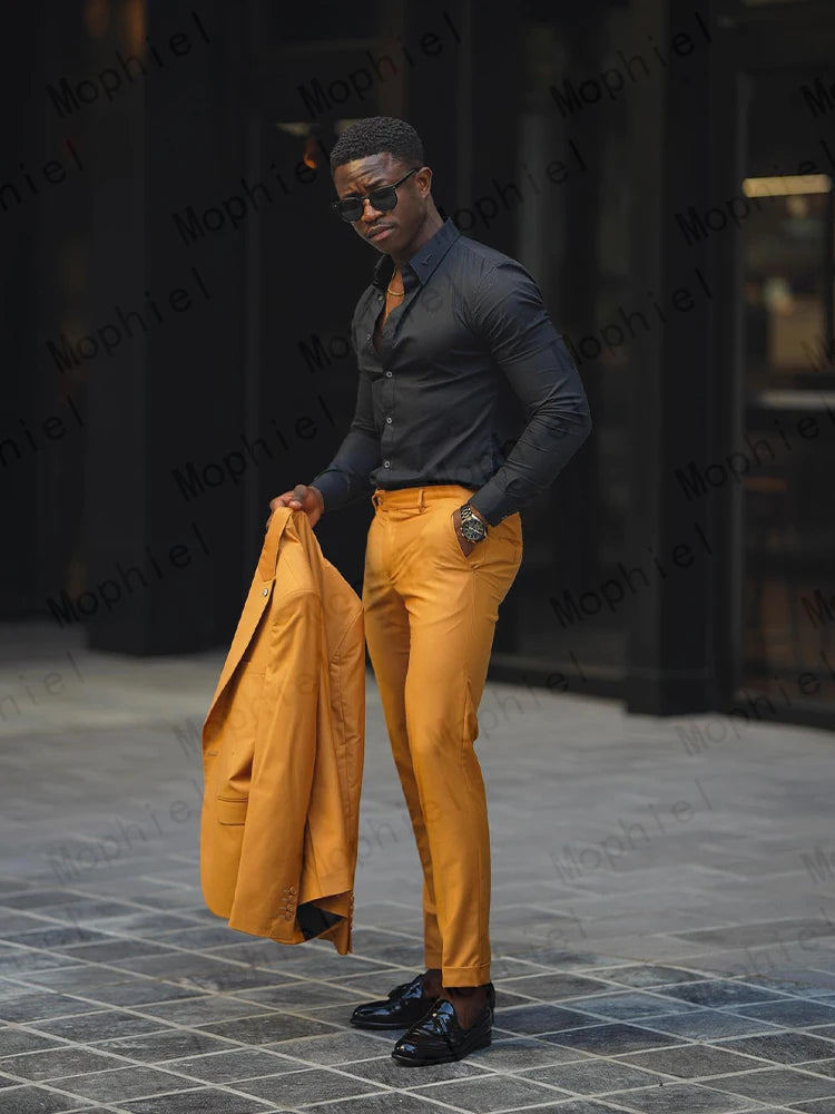 Mustard Yellow Men Suits 2Pcs Tuxedo Slim Fit Single Breasted Notched Lapel Cropped Pants for Wedding Prom Party Business Blazer