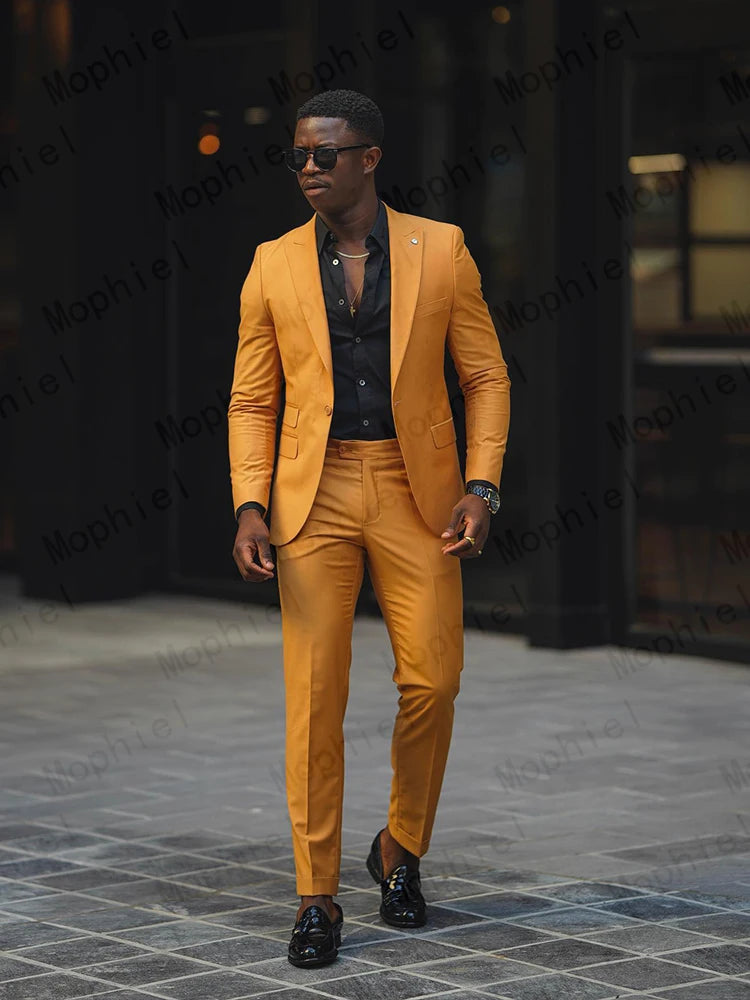 Mustard Yellow Men Suits 2Pcs Tuxedo Slim Fit Single Breasted Notched Lapel Cropped Pants for Wedding Prom Party Business Blazer