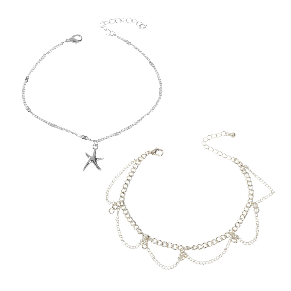 2pcs Fashion Foot Beach Jewellery Silver Chain Tassel Starfish Charm