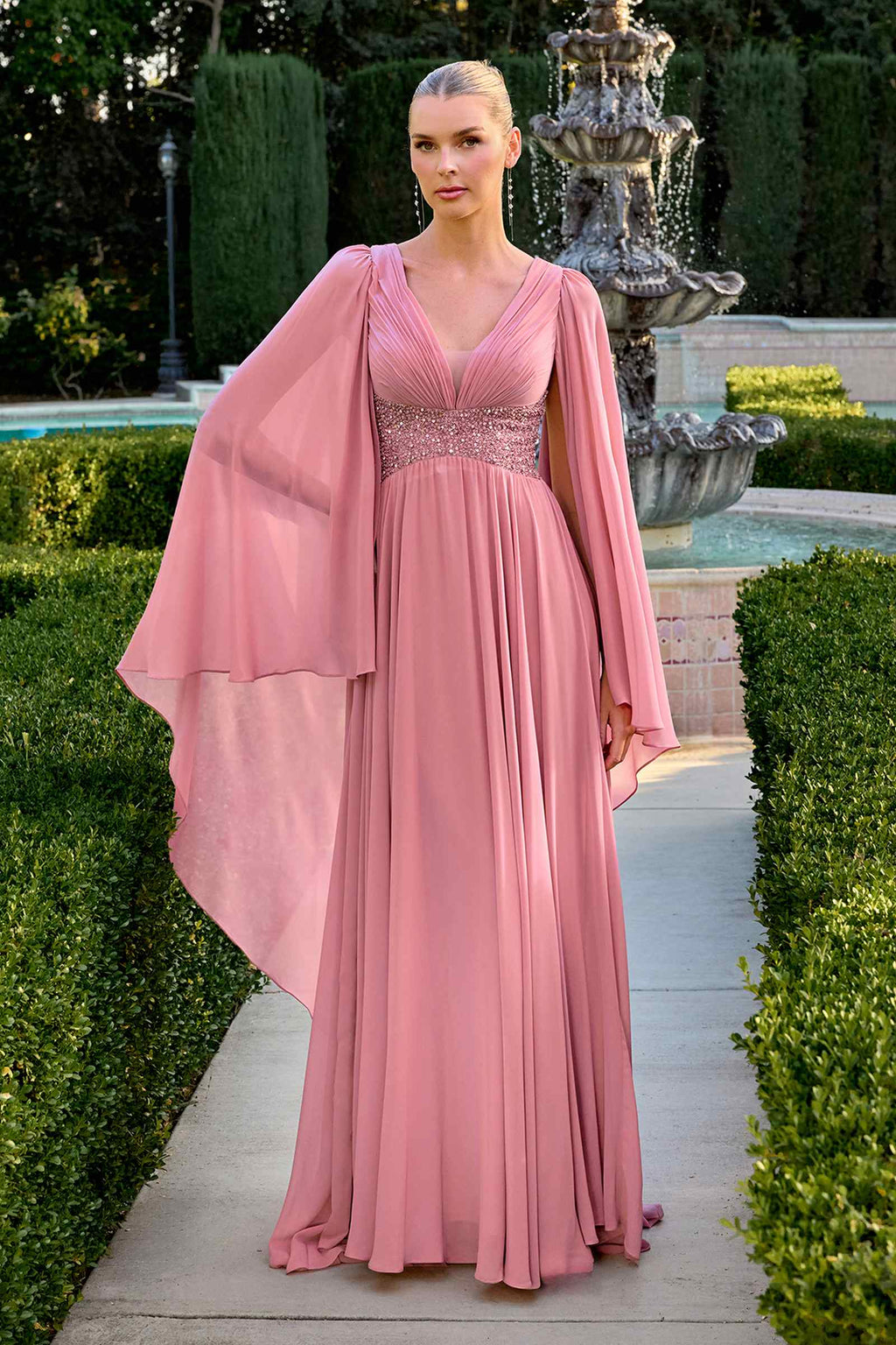 Ladivine CM8244 V-Neckline Cape Sleeves Flowing Chiffon Gown