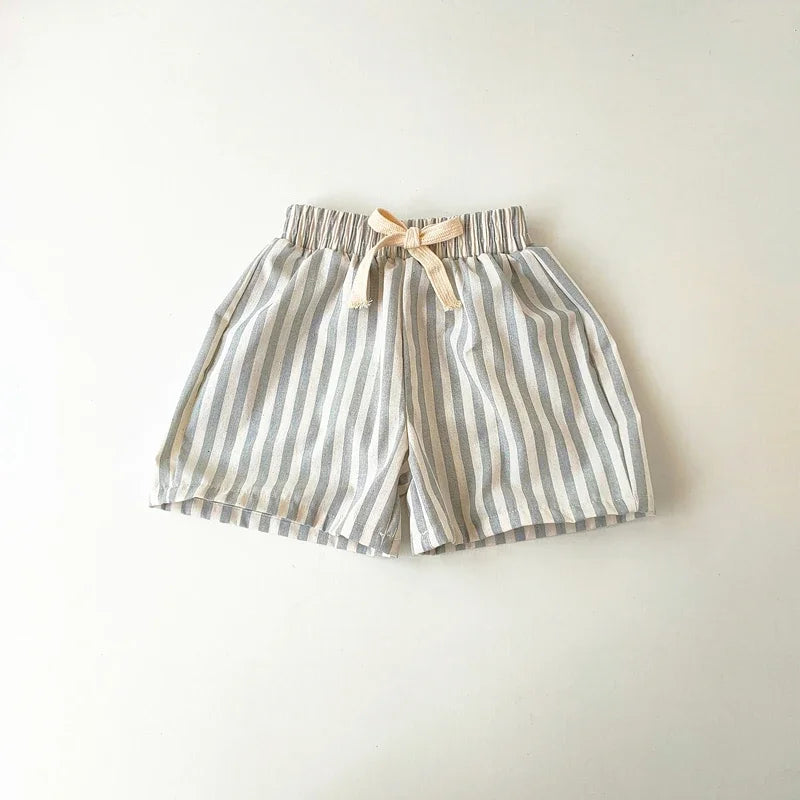 Spring Summer Boys Striped Loose Pants Baby Girl Vintage Casual Linen Cotton Harlan Pants Kids Lace-up Pant Children Clothing