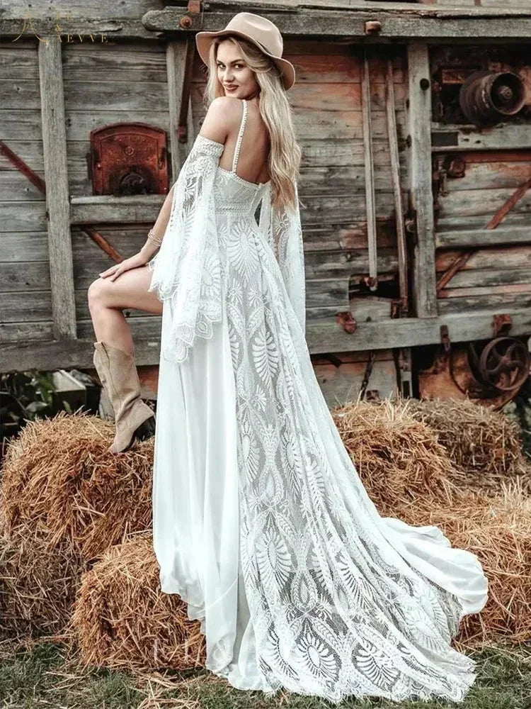 FL&AEVVE Customized Bohemian Chic Civil Bridal Dress Hippie Crochet Lace Wedding Dress With Slit Gatsby Elvish Bride Gown Robe