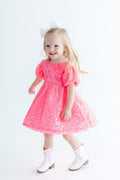 Neon Pink Puff Sleeve Sequin Dress