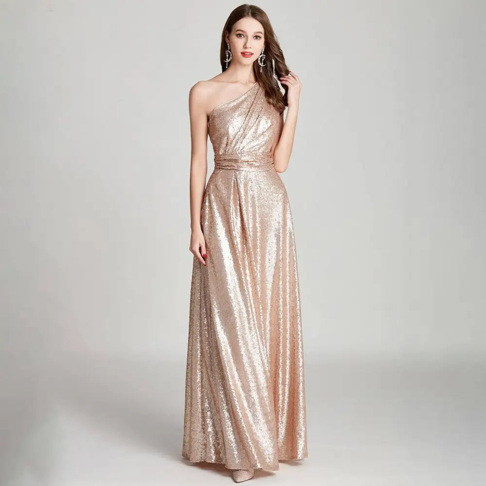 Rose Gold Sequined One Shoulder Large Bridesmaid Dress