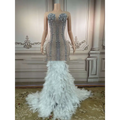 Silver Feathered Hips Nightclub Bar Sleeveless Long Gown